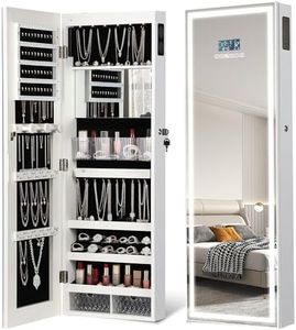chaoguan LED Mirror Jewelry Cabinet with Bluetooth Speaker, Wall/Door Mounted Jewelry Organizer Armoire, Full Length Lighted Mirror with Jewelry Storage,Jewelry Box Standing for Women