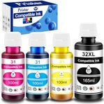 Pristar Compatible with HP 31 32XL Ink Bottle Set Compatible with HP Smart Tank 7301 7001 7602 5000 6001 5101 5102 Plus 651 551 455 457 450 All-in-One Ink-Tank (165ML 32XL Black Ink 100ML 31 Color Ink