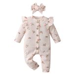 Joureker Newborn Baby Girl Clothes Long Sleeve Ruffle Romper Bodysuit Floral Print Onesie Outfit Set, Beige, 0-3 Months