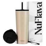 NuFlava® | Insulated Tumbler with Straw Lid & Flask Lid (710ml) | Iced Coffee Cup for Travel & Holidays | Stainless Steel Flask for Drinking Hot & Cold Drinks | BPA Free (Biscuit)