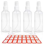 HTHL 4 PCS Set 100ML Spray Bottles Plastic Transparent Mist Spray Bottles with 2 Funnels and 1 Sheet Label Empty Travel Atomiser Refillable Liquid Containers for Perfume Cosmetic and Liquids