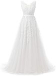 Huifany Women's V Neck Lace A-line Empire Long Formal Evening Dress Prom Gown, White, 16