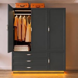 AXCIGOC 72" Armoire Wardrobe Closet with 3 Door Wooden Bedroom Armoire with LED Light 3 Drawers Large Modern Wardrobe Cabinet with Retro Ceramic Door Handles and Removable Hanging Rod Black