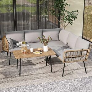 DWVO 4 Pieces Patio Furniture Set, Outdoor Rattan Woven Patio Conversation Set Sectional L-Shaped Sofa with 5 Seater for Backyard, Porch, Boho Detachable Lounger with Cushions and Side Table (Grey)