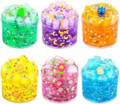 Dreunsto 6 Pack Jelly Cube Crunchy Slime Kit, with Yellow, Pink, Purple, Green & Blue Clear Crunchy Slime, Super Soft Sludge Toy with Cute Charms, Party Favors Slime for Girls and Boys