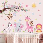 wondever Pink Animal Tree Branch Wall Decals Forest Elephant Lion Giraffe Wall Art Stickers for Girls Room Baby Nursery Kids Bedroom