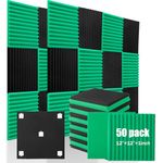 50 Pack Black&Green Acoustic Panels Soundproof Foam for Walls Sound Absorbing Panels Soundproofing Panels Wedge for Home Studio Ceiling, 1" X 12" X 12", Black