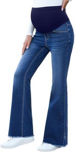 BLENCOT Womens Stretch Maternity Jeans Stretchy Over The Belly Bell Bottoms Leg Pregnancy Denim Pants for Pregnant Women with Pocket P1005 Blue L