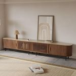 POVISON Fully-Assembled Sliding Tambour Door TV Stand, Mid Century Modern Sintered Stone TV Console, Wood Media Console, Entertainment Center with Storage Cabinet (Walnut, 118.11")