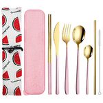 QLFJ-FurDec 9 Pcs Portable Cutlery Set with Case, Reusable Stainless Steel Travel Lunch Utensils with Fork Spoon Knife Chopsticks, and Straws, Cleaning Brush for Camping, Picnic(Pink Gold)