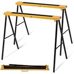 COSTWAY Folding Saw Horse Twin Pack, 275kg Capacity Heavy Duty Work Bench with Anti-Slip Work Top, Convenient Handle & Footpads, Fully Assembled Metal Trestle Stands Sawhorse for Sawing Work