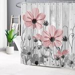 AUEEA Vintage Floral Pink Shower Curtain for Bathroom Decor, Rustic Farmhouse Grey Flower on Vintage Wood Boards Bathroom Shower Curtain Sets Wildflower Polyester Fabric Bathroom Curtain, 72x78 inch