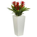 Nearly Natural Triple Bromeliad Artificial Plant in White Tower Planter