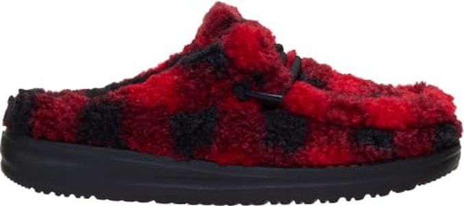 HEYDUDE Boy's Youth Wally Buffalo Plaid Slip On Sherpa Slipper, Flame Scarlet/Black Size 1