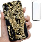 iProductsUS Customized Phone Case Compatible with iPhone XR and Screen Protector,Engrave Elephant and Name Black Bamboo Case with TPU,Built-in Metal Plate,Wireless Charging Compatible (6.1 inch)