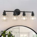 Bathroom Vanity Light 4 Light, Black Bathroom Light Fixtures with Clear Globe Glass Shade, Matted Black Wall Sconce Over Mirror for Bathroom, Kitchen, Living Room