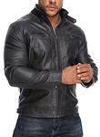 HOOD CREW Men’s Stand Collar Leather Jacket Casual Faux Leather Motorcycle Jacket with Zipper Pockets