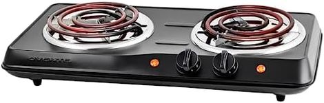 OVENTE Electric Countertop Double Burner, 1700W Cooktop with 6" and 5.75" Stainless Steel Coil Hot Plates, 5 Level Temperature Control, Indicator Lights and Easy to Clean Cooking Stove, Black BGC102B