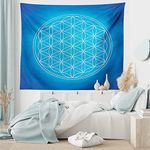 Ambesonne Flower of Life Tapestry, Sacred Geometry Pattern Secret Art of Nature with Types Overlapping Circle Forms Theme, Wall Hanging for Bedroom Living Room Dorm, 80" X 60", Blue