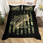 Loussiesd Green Black Camouflage Duvet Cover Fish Camo American Flag Bedding Set for Women Men Room Farmhouse Fishing Comforter Cover Set Wild Bedspread Cover 3Pcs Zipper King