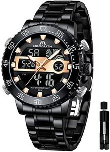 MEGALITH Watches for Men Military Digital: Black Stainless Steel Waterproof Big Face - Analog Sport Chronograph Heavy Duty Stopwatch