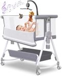 Hkleae Baby Bassinet,3 in 1 Baby Bassinets Bedside Sleeper with Musical Toy,Bedside Cribs with Storage Basket and Wheels,7 Height Adjustable Easy Folding Bassinet,Safe Co-Sleeping Crib(Grey 0-6Months)