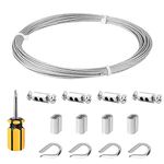 FSHIHINE 1.5mm Garden Wire Rope 10M 304 Stainless Steel Wire Cable Kit with Cable Thimbles, Crimping Sleeves, Wire Rope Clips for Plants supporting, Picture/Lights Hanging/Clotheslines Rigging Wire