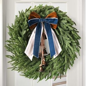 Christmas Decor, 22" Norfolk Pine Christmas Wreath with Bells and Ribbon