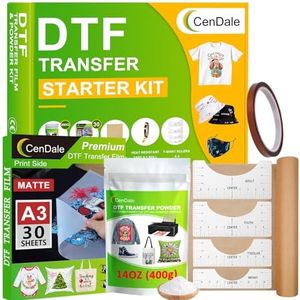 CenDale DTF Transfer Film Powder Kit - 30 Sheets A3 Film for Sublimation, 14oz White Medium Powder, Starter Kit for DTF/Sublimation Printer, Hot & Cold Peel Paper for All Color Fabrics