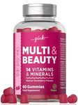 Womens Multivitamins Gummies | Hair, Skin and Nails Vitamins for Women | with Biotin, Zinc, Vitamin C & More! | 60 Vegan Gummies - Natural Strawberry Flavour | by PINK