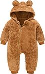 Mokitoni Baby Fleece Jumpsuits Infant Bear Ear Snowsuit Newborn Hooded Romper Warm Coat, Brown, 0-6 Months