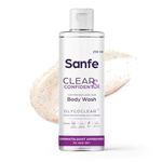 Sanfe Clear & Confident Glycolic Acid Body Wash | AHA Exfoliation for Rough & Bumpy Skin, Tan, Acne & Strawberry Skin | Smooth Skin from 1st Use | 250ml Daily Shower Gel