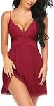 Avidlove Women Babydoll Nightgown Chemises Lace Modal Sleepwear V-Neck Full Slip Sleep Dress (Dark Red XL)