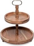 BIRDROCK HOME 2-Tier Farmhouse Serving Tray with Handle - Rustic Wood & Iron Cupcake Stand - Modern Decorative Dessert Display - Ideal for Parties, Food Platters, and Buffets - Elegant Brown Color