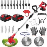 Cordless Garden Strimmers,Electric Cordless 21v Grass Strimmer with 2 X 2000mAh Battery, Adjustable Metal Blades,Garden Trimmer Telescopic Lightweight with Roller, 850W, for Gardens,Park Lawns (Red)