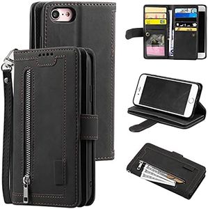 UEEBAI Wallet Case for iPhone 6 Plus iPhone 6S Plus, Retro 9 Card Slots Zipper Pocket Handbag Case PU Leather Magnetic Closure Kickstand with Wrist Strap TPU Flip Case - Black