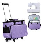 Yarwo Sewing Machine Trolley Bag on Wheels, Detachable Rolling Sewing Machine Bag with Bottom Support Board for Most Standard Sewing Machine and Accessories, Purple