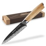 hecef Damascus Kitchen Knife, Sharp Utility Knife 5 inch, Small Knife with Olive Wood Handle, Damascus Steel Kitchen Knife for Vegetable Fruit