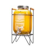 Hiziwimi 4L Glass Drink Dispenser with Cover Wide Mouth Iced Drink Jar with Tap Iron Holder, for Juice Water Homemade Tea Drinks (4L Glass)