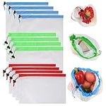 BUYGOO 12Pack Reusable Mesh Produce Bags with Drawstring, 3 Sizes See-Through and Washable Fruit Bags Mesh Vegetable Bags for Grocery Shopping & Storage of Fruit, Veggies, Grocery, Toys