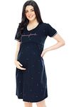 ZEYO Women's Cotton All Over Print Navy Blue Knee Length Maternity Nighty