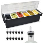 Esatto Bar Products Condiment Holder with 6-1 Pint Inserts Black, Keeps Fruit and Berries Fresher Longer, Additional 12 Pourers, 12 Pourer Covers, 1 Muddler