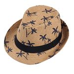 BIBITIME Print Palm Hat for Men Jazz Panama Straw Hats Hawaii Vocation Beach Cap (Head Circumference: 22", Khaki)