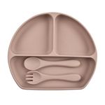 SAEKOS Silicone Baby Tableware Set with Spoon, Fork Silicone Plate for Baby Feeding Dinner Plate Sets for Kids Dining Set for Toddler 6+ Months Age (Brown)