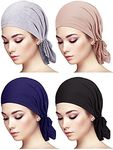 4 Pieces Slip-On Pre-Tied Head Scarves Women Headwear Turban Beanie Caps Head Wrap Headscarf for Women Girls, Grey, Camel, Navy Blue, Black, 4 Count (Pack of 1)