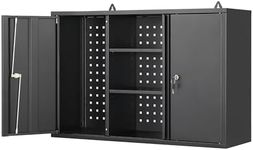 BYNSOE Metal Wall Storage Cabinet with Lock Garage Storage Cabinet with Adjustable Shelves Hanging Garage Cabinet for Kitchen Home Workshop,Assembly Required (Black, 23.6''H)