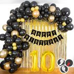 Mystic Toy Store 10th Birthday Decoration Items Golden Black Theme Combination for Boys Girls | 50 Pc Gold Black Balloon | 2 Pc Gold Foil Curtain| Black Birthday Banner | Pump | Arch Tape | Glue Dots