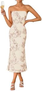 ZESICA Women's Summer Strapless Floral Midi Dress 2026 Bodycon Mesh Tube Wedding Guest Cocktail Party Formal Dresses Almond X-Large