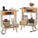 GYIIYUO Night Stands Set of 2 with Charging Station, Solid Wood Side Table with USB Ports and Outlets, Unique End Tables with Open Storage, NightStand for Bedroom, Natural