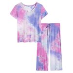 Joyaria Womens Bamboo Capri Pajamas/Pjs Set Summer Moisture Wicking Comfy Sleepwear Hot Flashes(Tie Dye Purplepink,S)